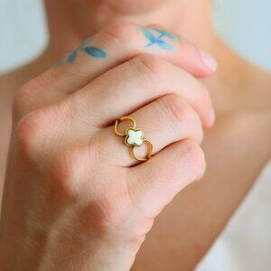 Four Leaf Clover White Amber Ring- 14K Gold Plated s925